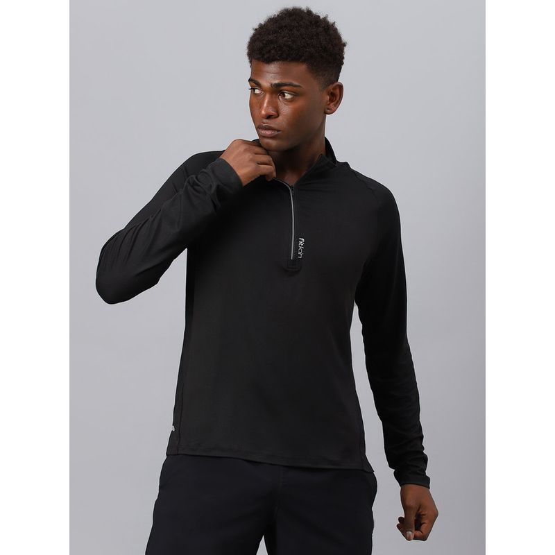 Fitkin Men Black High Neck Front Zipper Full Sleeves T-Shirt (2XL)