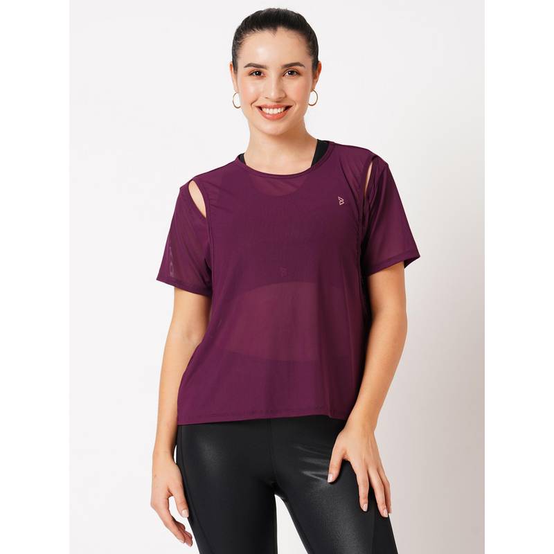 BODD ACTIVE Wine Cut-Out Mesh T-Shirt (XS)