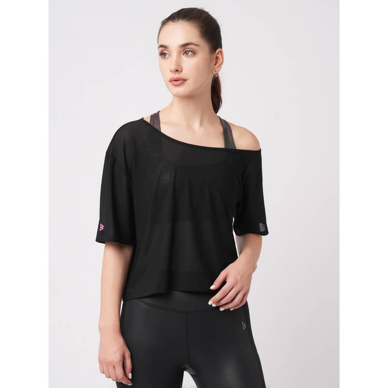 BODD ACTIVE Black Mesh One Shoulder T-Shirt (M)