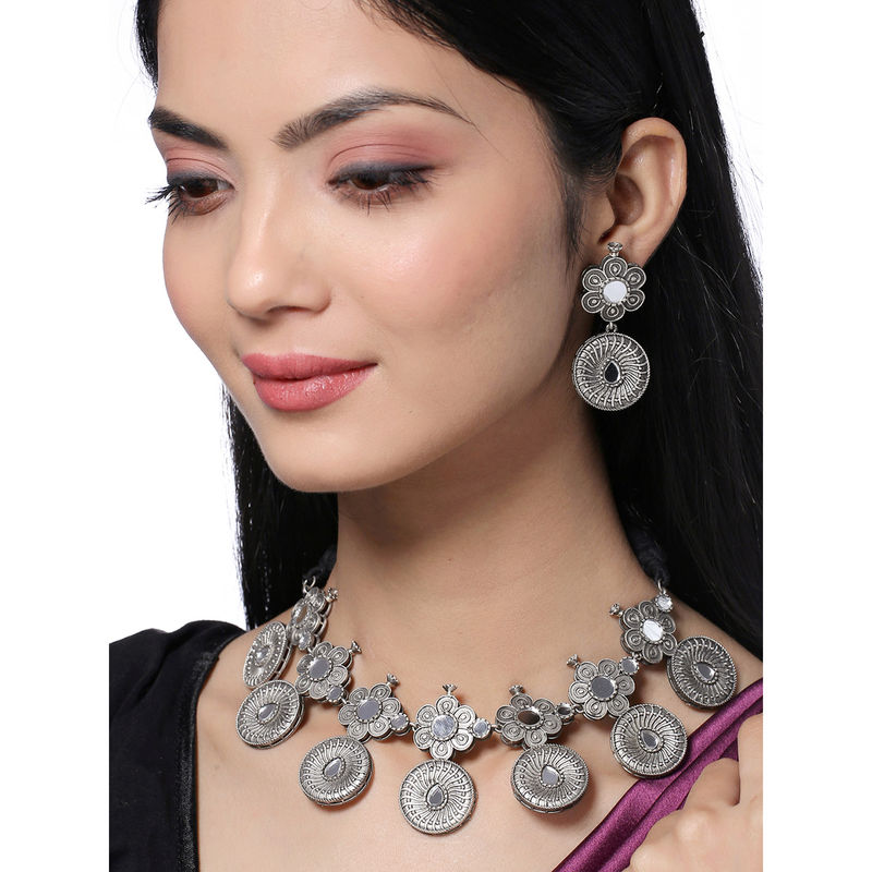 VIRAASI Antique Oxidised Silver Mirror Work Ethnic Necklace with ...