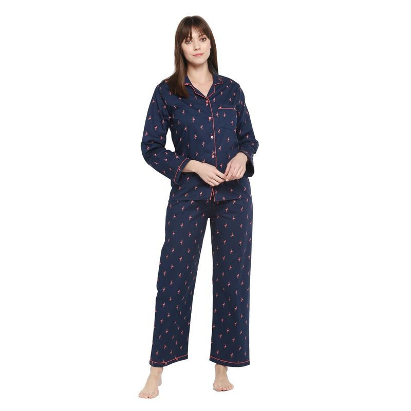 Shopbloom Premium Cotton Flamingo Print Long Sleeve Women's Night Suit | Lounge Wear- Blue (XS)