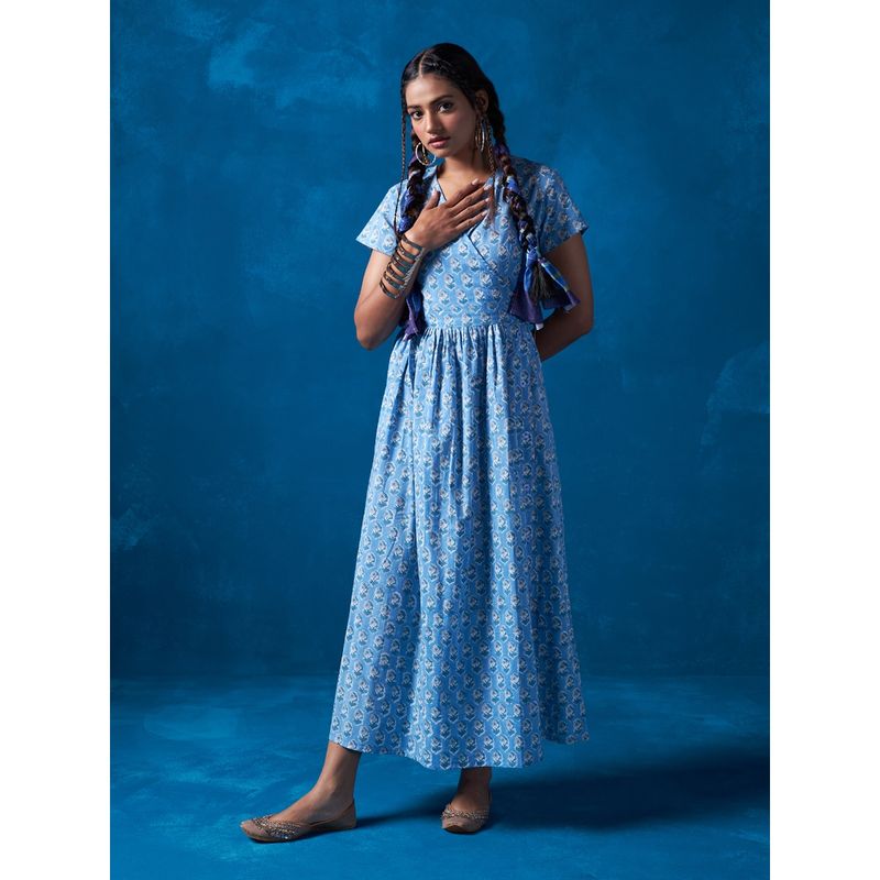 Likha Blue Hand Block Printed Overlapped Maxi Dress LIKDRS25 (S)
