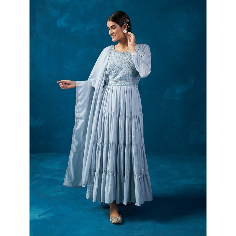 Likha Blue Hand Mirror Work Tiered Maxi Dress, Dupatta With Belt LIKSKD117 (Set of 3) (M)