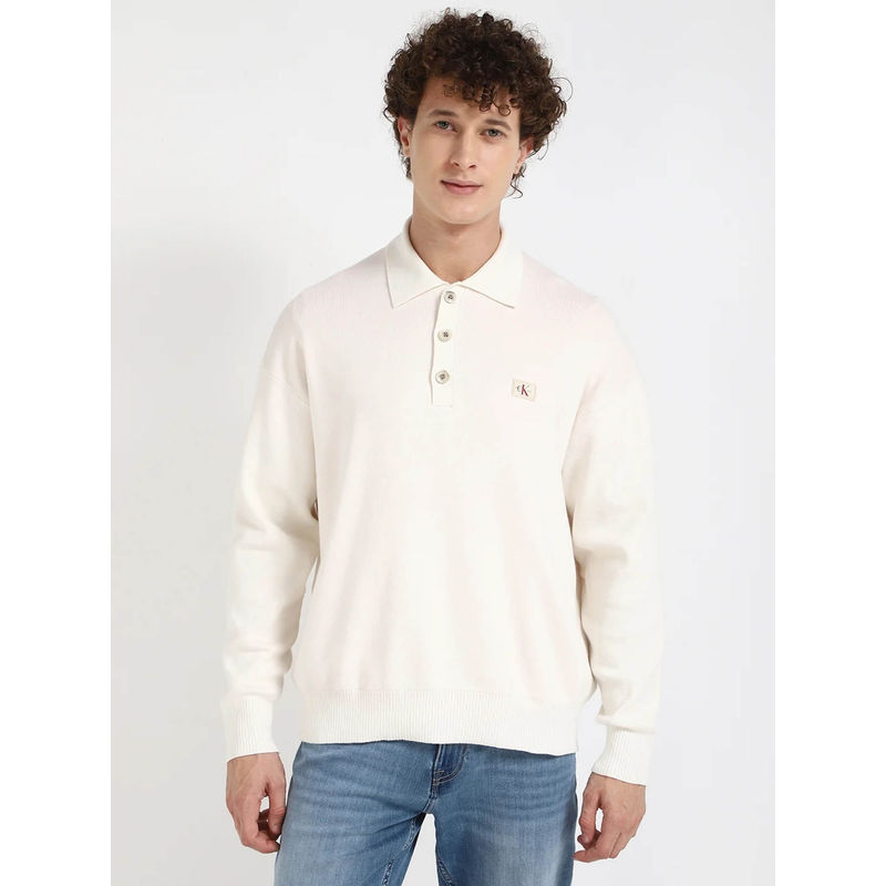 Calvin Klein Solid Relaxed Fit Cotton Sweater-White (XS)
