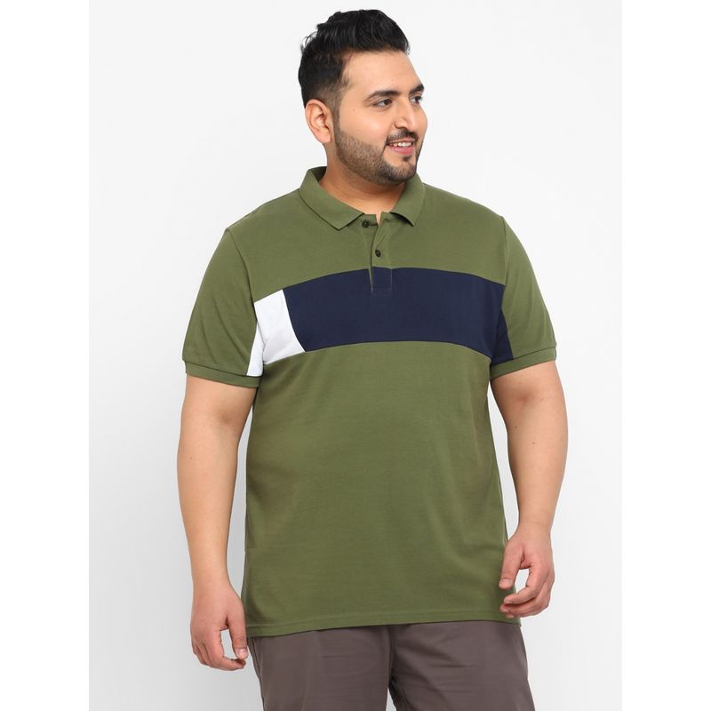Urbano Plus Men Olive Colourblock Regular Fit Cotton Polo T-Shirt (2XL)