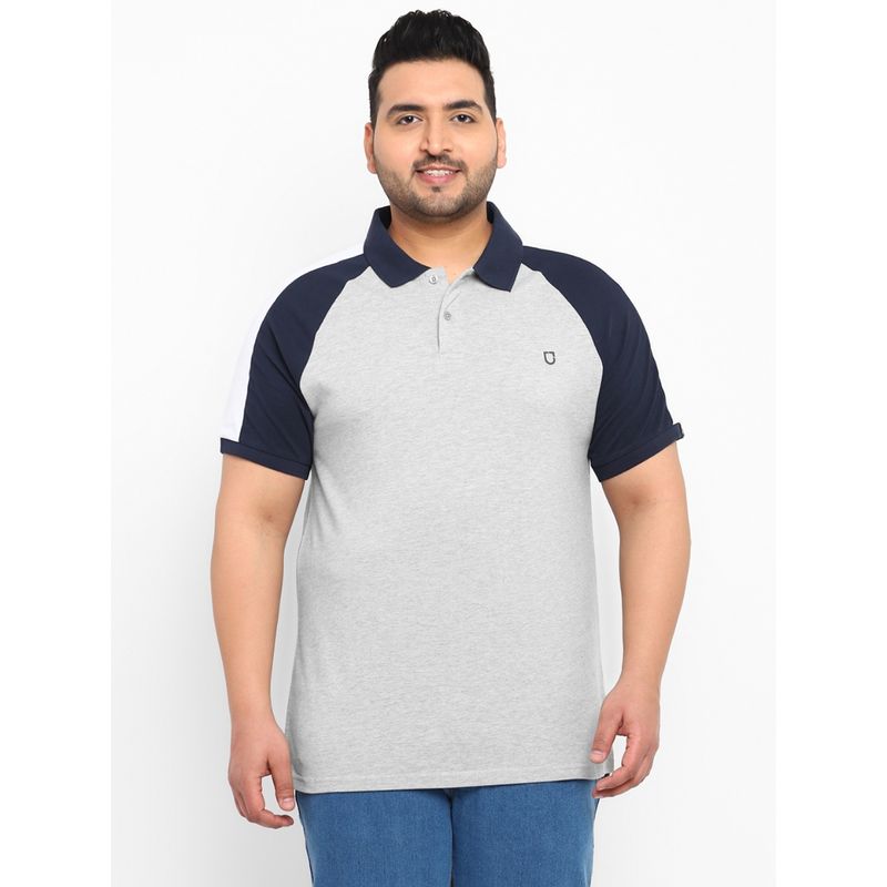 Urbano Plus Men Grey Melange Colourblock Regular Fit Cotton Polo T-Shirt (2XL)