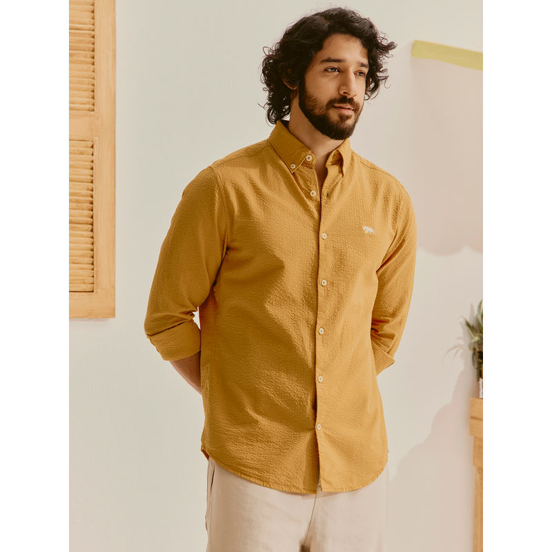 Andamen Men Pure Cotton Seersucker Regular Fit Mustard Shirt (S)
