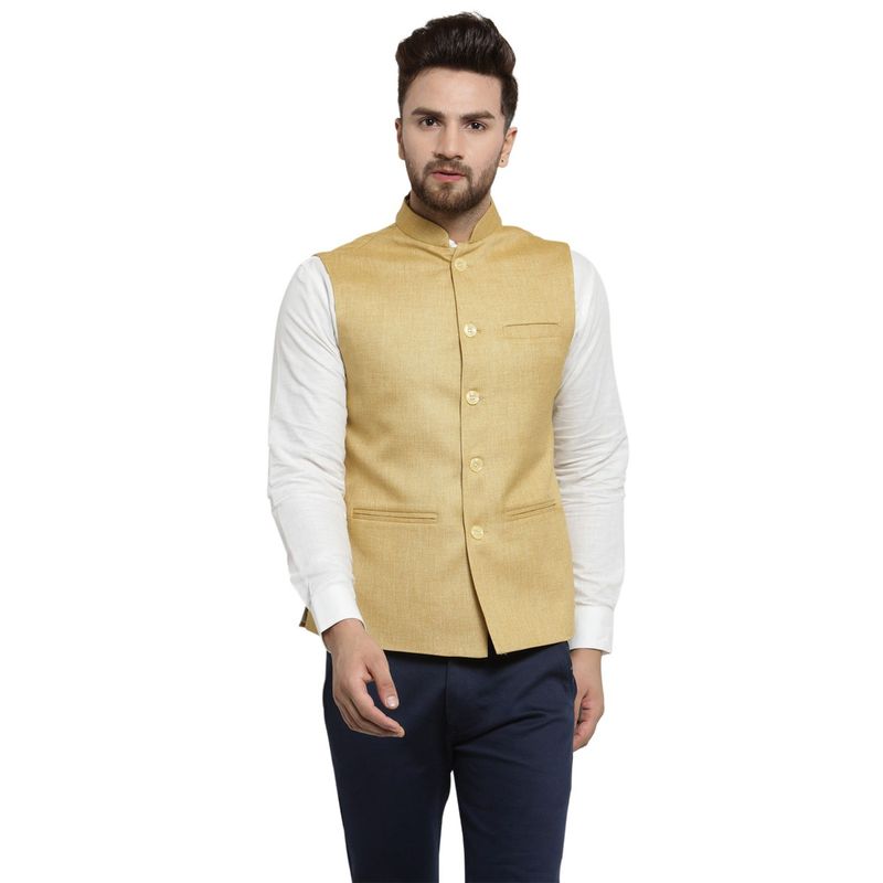 TREEMODA New Designer Men Mustard Yellow Solid Nehru Jacket (S)