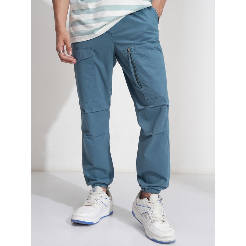 HIGHLANDER Men Cotton Comfort Mid Rise Blue Cargos Joggers (30)