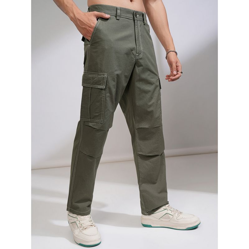 HIGHLANDER Men Contrast Stitched Rib Stop Dobby Straight Fit Olive Cargos (30)