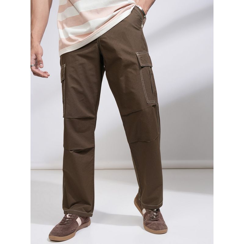HIGHLANDER Men Contrast Stitched Rib Stop Dobby Carpenter Brown Cargos (30)