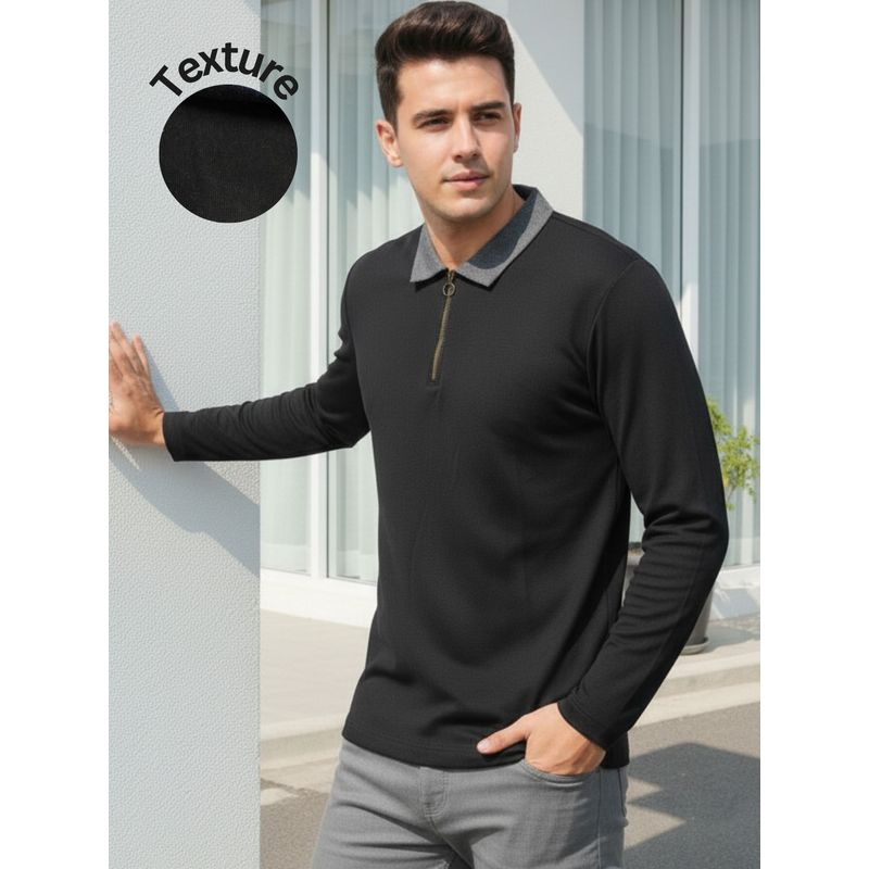RIGO Men Ribbed Textured Black Polo T-Shirt (S)
