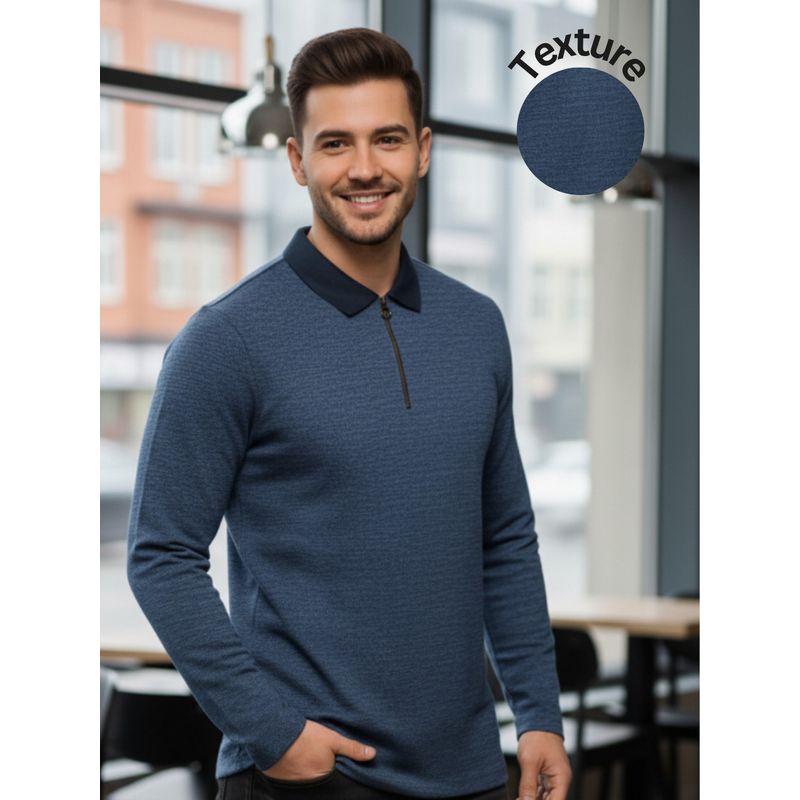 RIGO Men Ribbed Textured Blue Polo T-Shirt (XL)