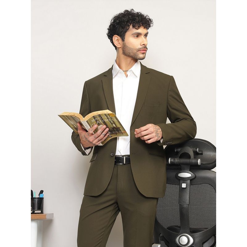 Subtract Men Olive Single-Breasted Solid Blazer with Trouser (38)