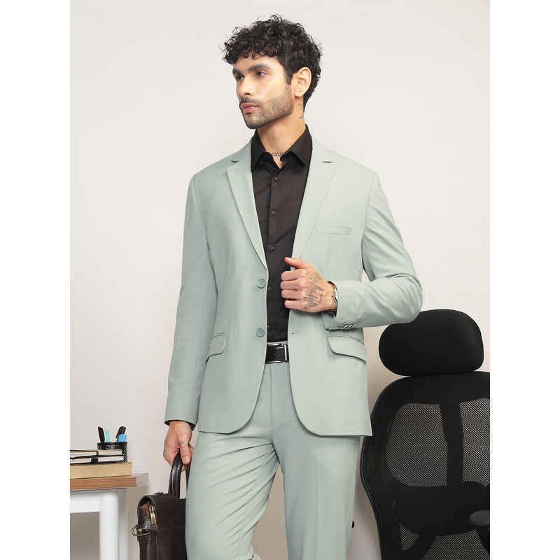 Subtract Men Green Single-Breasted Solid Blazer with Trouser (38)