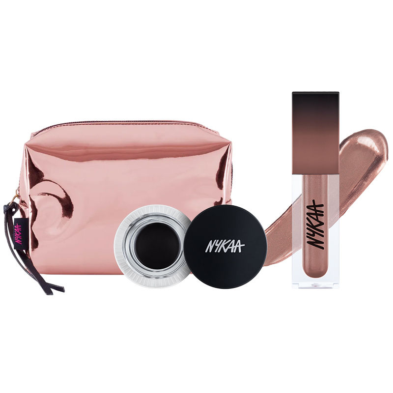 Nykaa Matte To Last Metallic Liquid Lipstick, Black Magic Gel Eyeliner & Metal Addict Makeup Bag
