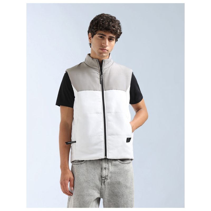 Flying Machine Men White Polyester Colorblock Light Jacket (L)