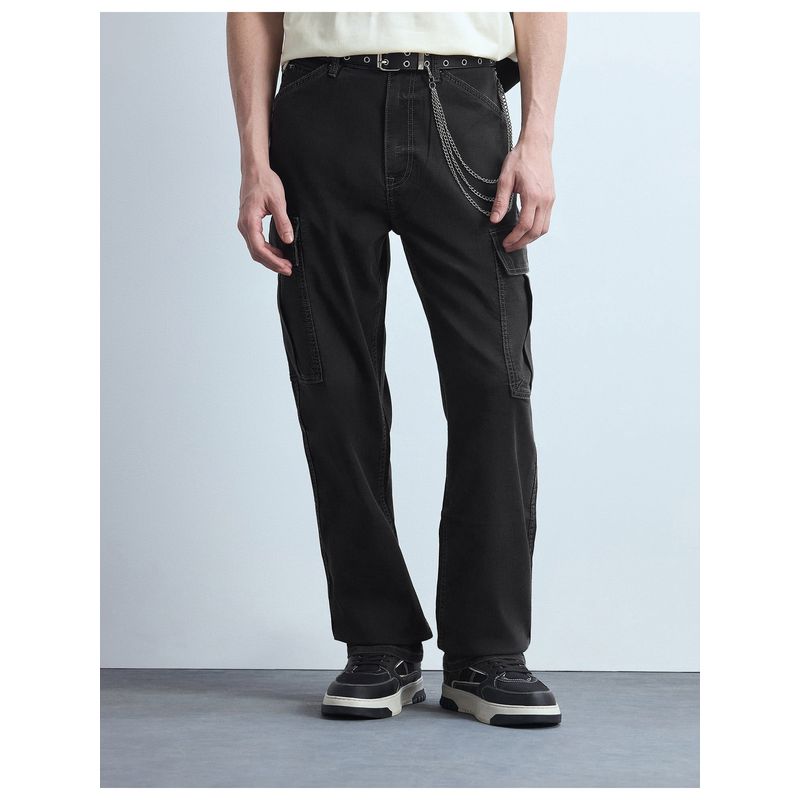 Flying Machine Men Black Cotton Solid Straight Jeans (30)