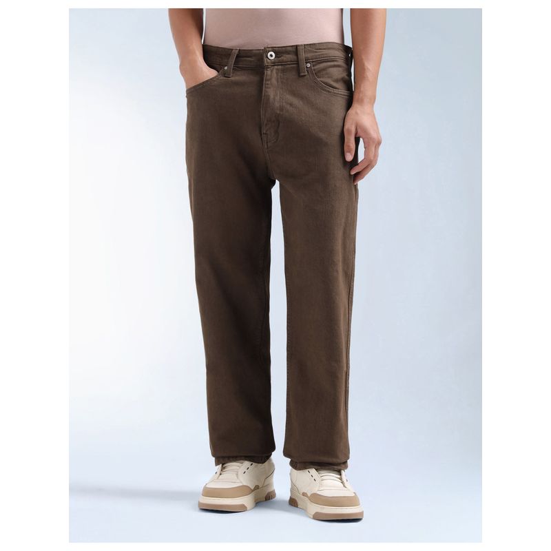 Flying Machine Men Brown Cotton Solid Straight Jeans (38)