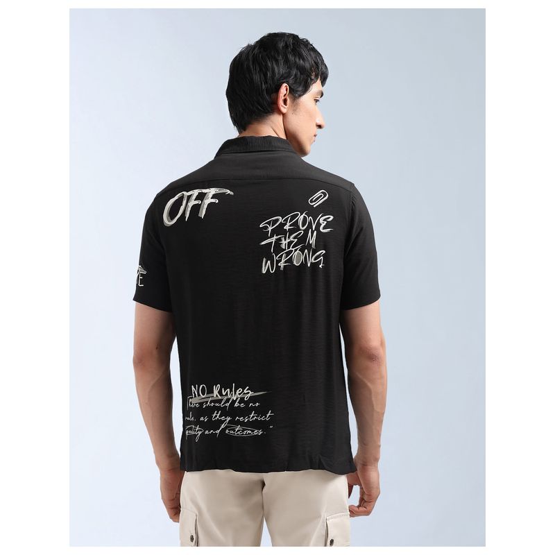 Flying Machine Black Typographic Printed Relaxed Fit Shirt (42)