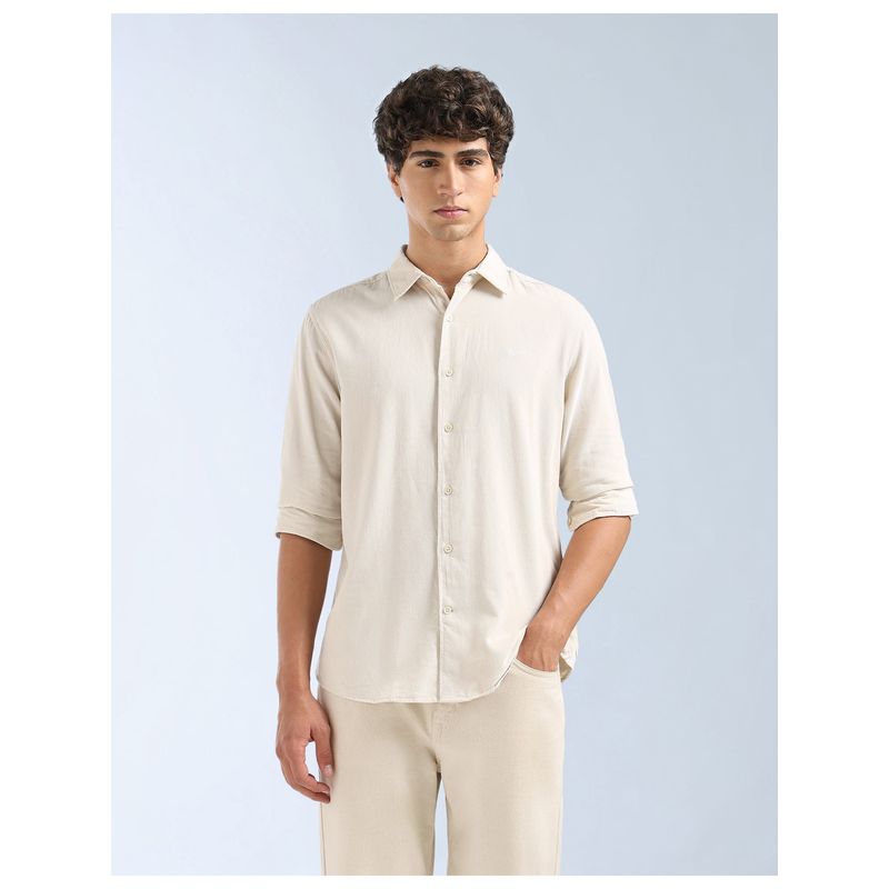 Flying Machine Beige Textured Corduroy Shirt (46)