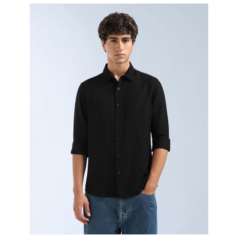 Flying Machine Black Textured Twill Shirt (46)