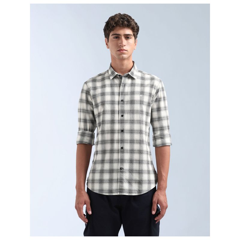 Flying Machine Black Grid Tattersall Checked Seersucker Shirt (42)
