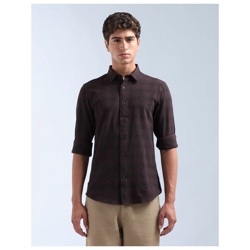 Flying Machine Brown Tartan Checked Seersucker Shirt (40)