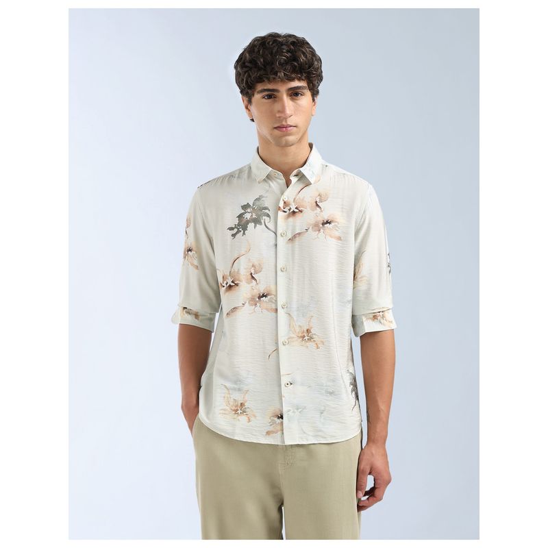 Flying Machine Ivory Floral Printed Slim Fit Shirt (42)