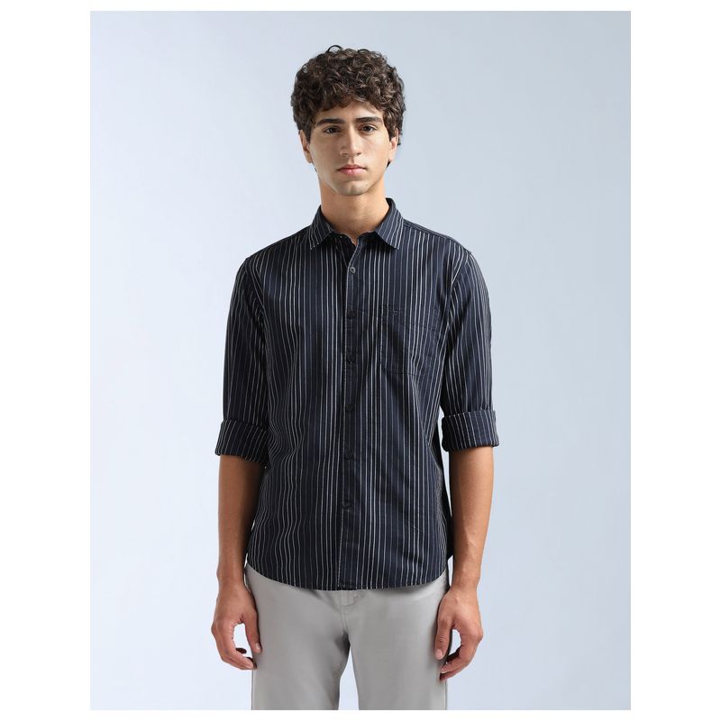 Flying Machine Blue Slim Fit Seersucker Shirt (42)