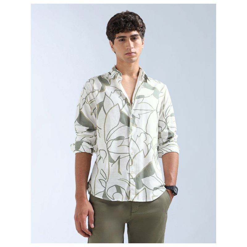 Flying Machine White All Over Printed Slim Fit Shirt (38)