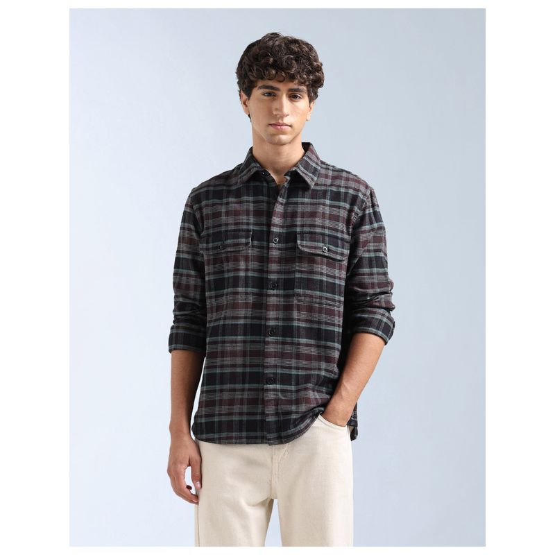 Flying Machine Brown Plaid Checked Twill Shirt (40)