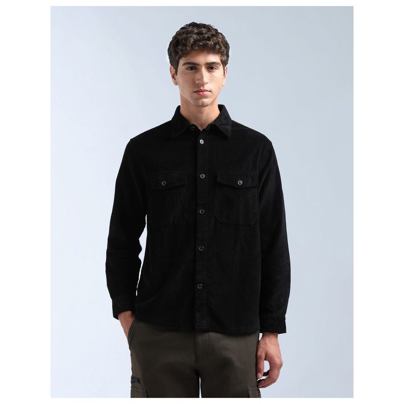 Flying Machine Black Relaxed Fit Corduroy Shirt (40)