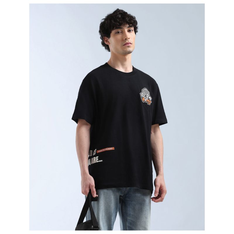 Flying Machine Black Appliqued Relaxed Fit T-Shirt (M)