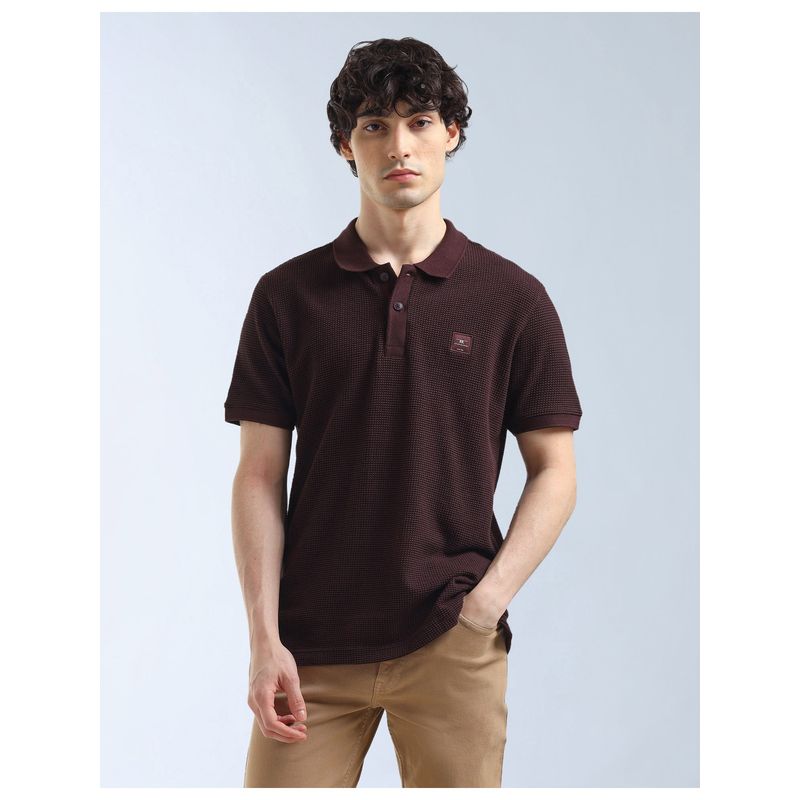 Flying Machine Brown Textured Regular Fit Polo T-Shirt (L)