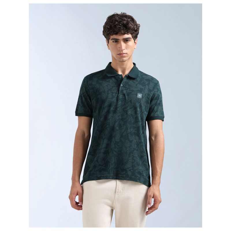 Flying Machine Green Tropical Printed Regular Fit Polo T-Shirt (M)