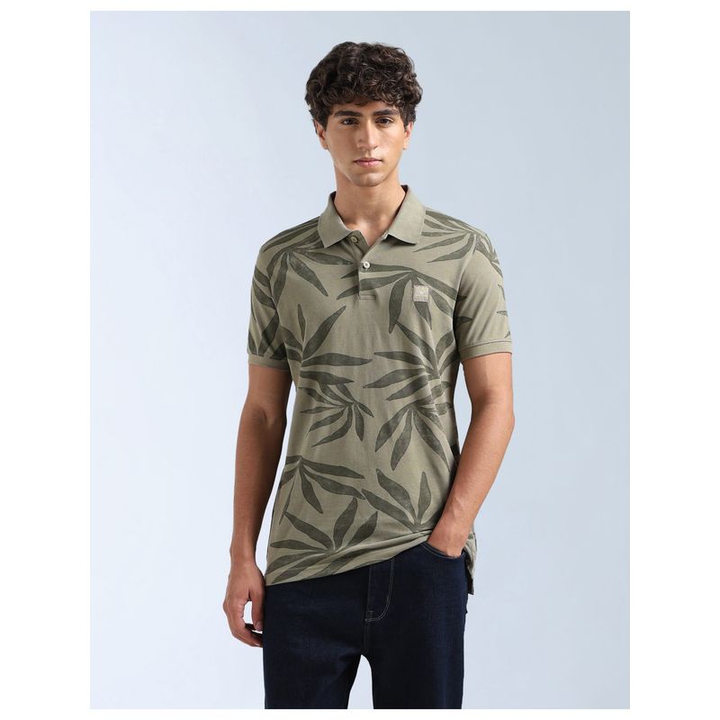 Flying Machine Olive Tropical Printed Regular Fit Polo T-Shirt (L)