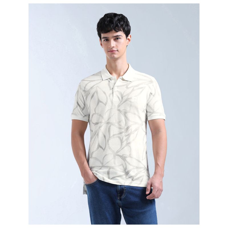 Flying Machine Cream Tropical Printed Pure Cotton Polo T-Shirt (M)