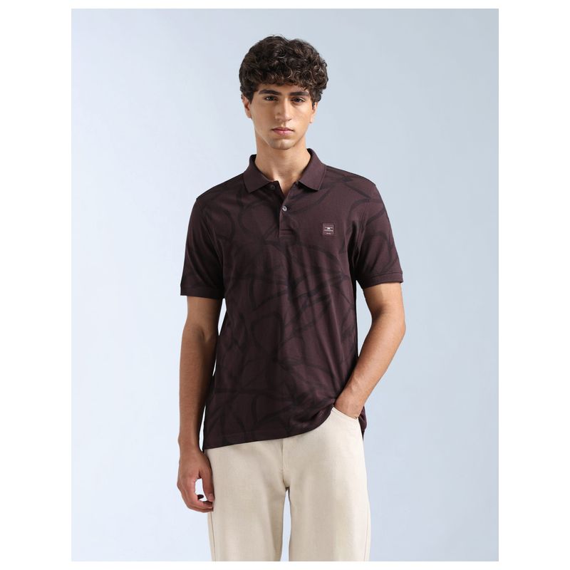 Flying Machine Brown All Over Printed Regular Fit Polo T-Shirt (2XL)