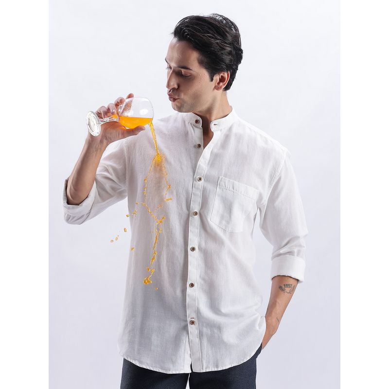TURMS Men Casual Mandarin Collar White Linen Stain and Water Repellent Anti Odor Shirt (S)
