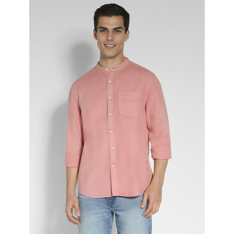 American Eagle Men Pink Band Collar Linen Button-Up Shirt (XS)