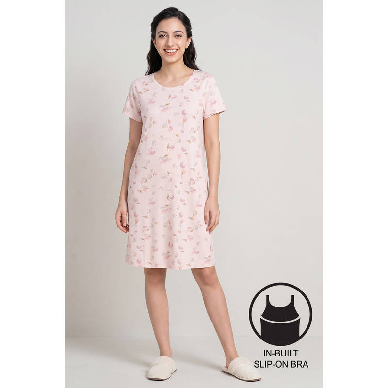 Zivame Soft Pink Beach Dreamer Knit Poly Nightdress with In Built Bra (XL)