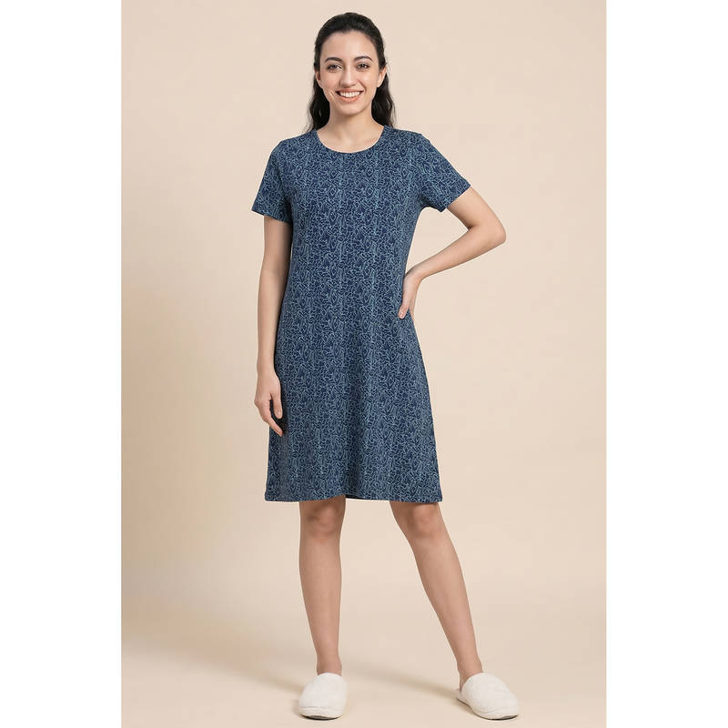 Zivame Blue Knit Abstract Print Cotton Knee Length Nightdress (XL)