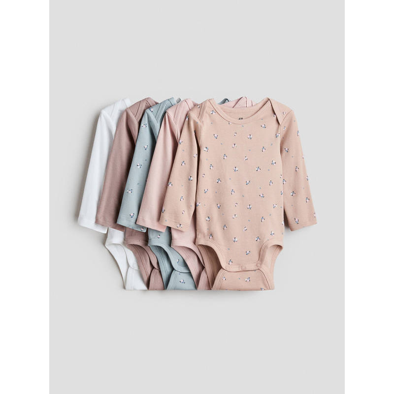 H&M Girls Multi-Color 5-Pack Envelope-Neck Bodysuits (0-1 Months)
