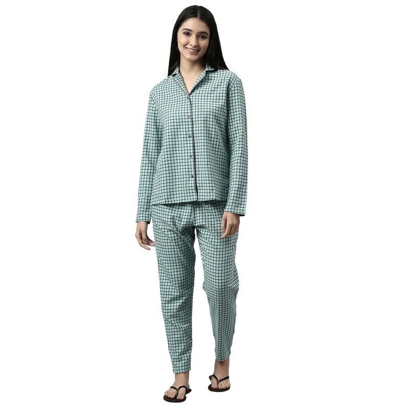 Enamor Womens Essentials Ec20-Cotton Flannel Woven Lazy Shirt And Pant Set-Soft Aqua Plaid Aop (L)
