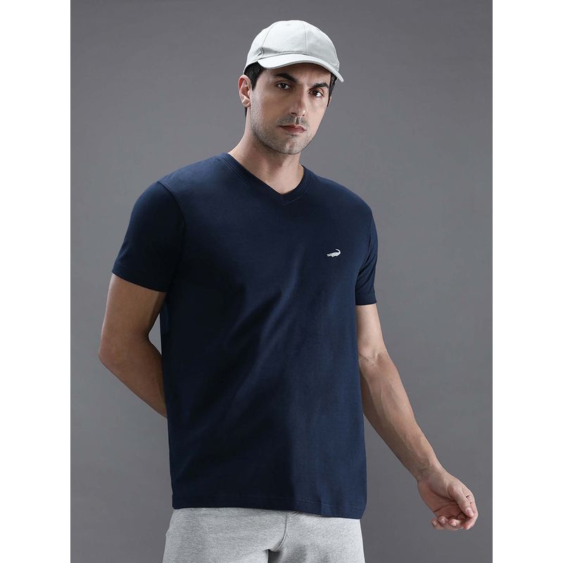 Crocodile Navy Blue Solid/Plain Slim Fit T-Shirt (L)