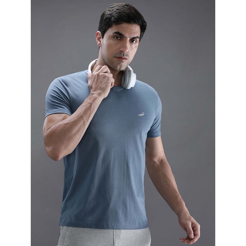 Crocodile Blue Solid/Plain Slim Fit T-Shirt (L)