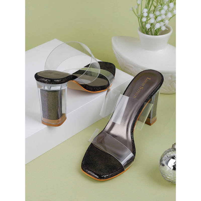 Louis Stitch Women's Transparent Double Straps Black Sandal Heels