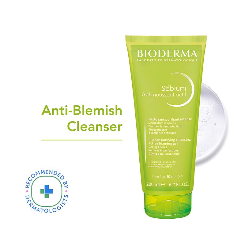 Bioderma Sebium Gel Moussant Actif Cleanser with Salicylic & Glycolic Acid for Acne Prone, Oily Skin