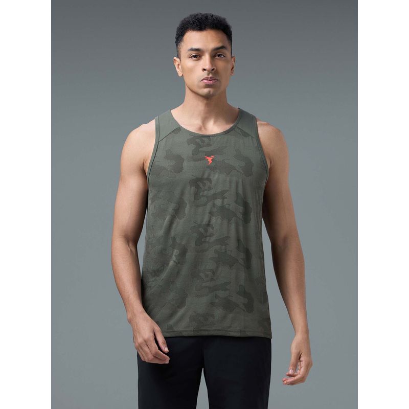 Technosport Olive Slim Fit Printed Tank with Ventmesh (L)